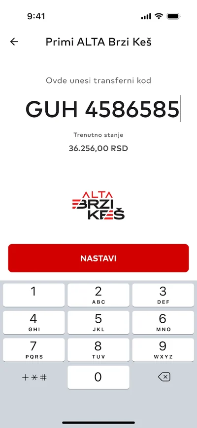 Unos transfer koda za prijem Alta brzog keša