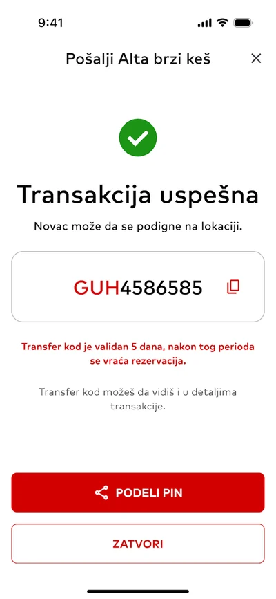 Uspešno poslat Alta brzi keš sa transfer kodom