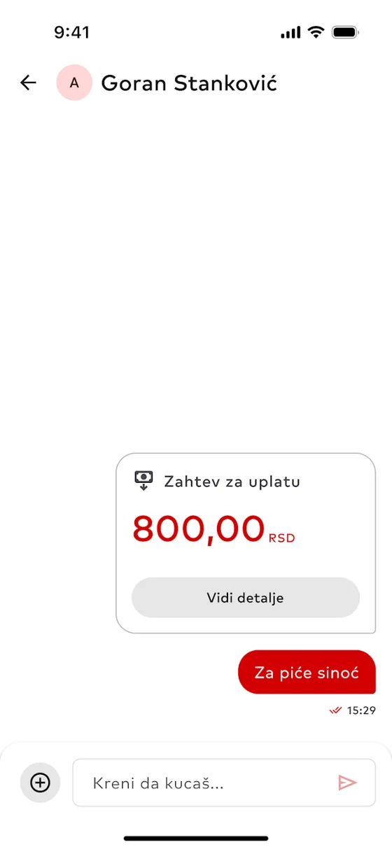 Čet sa zahtevom za uplatu u AWallet aplikaciji
