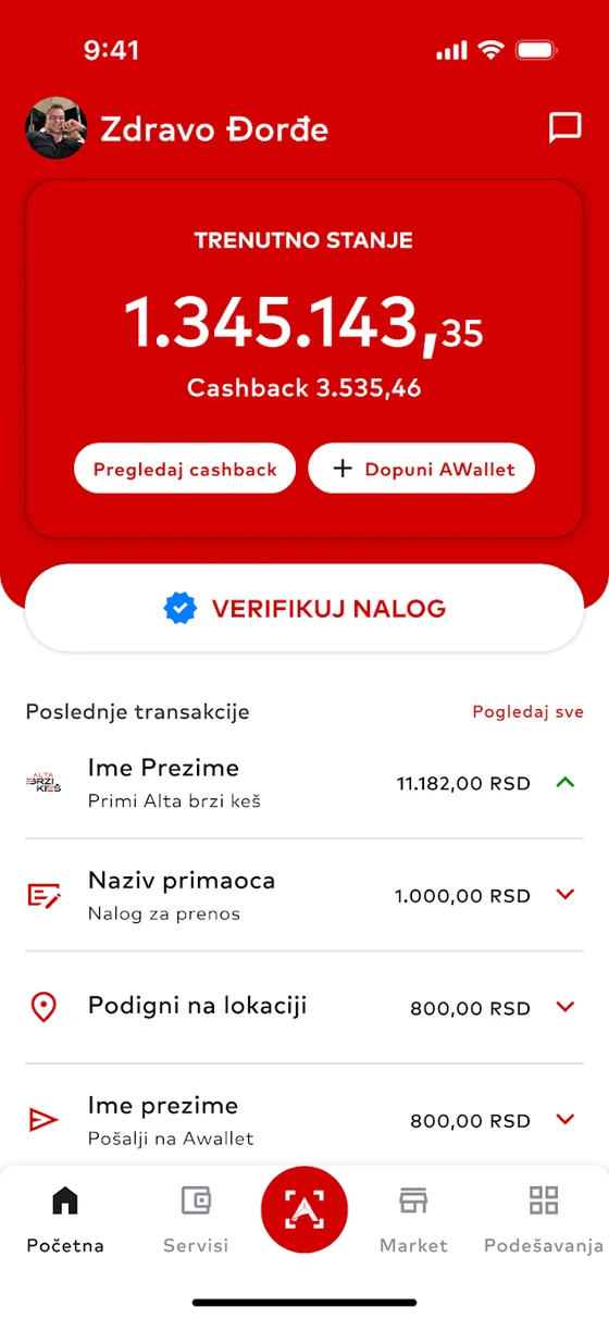 AWallet početni ekran sa stanjem, cashback-om i poslednjim transakcijama