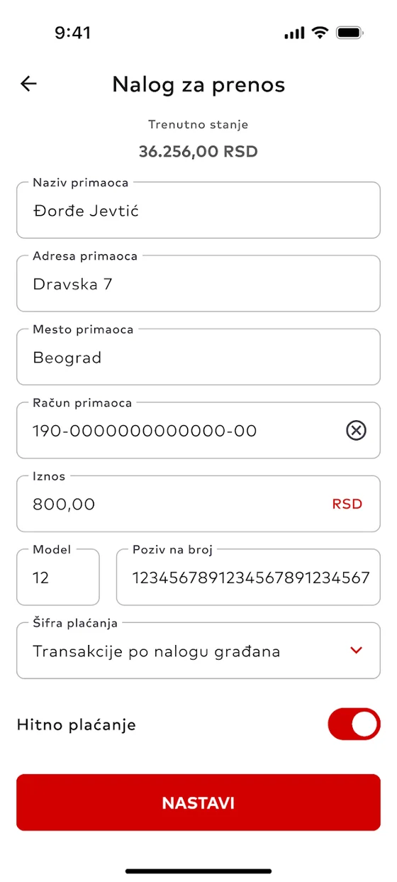 Ekran naloga za prenos u AWallet aplikaciji