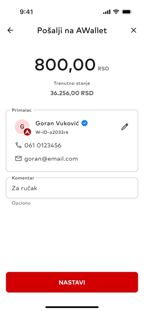 Slanje novca drugom korisniku u AWallet aplikaciji